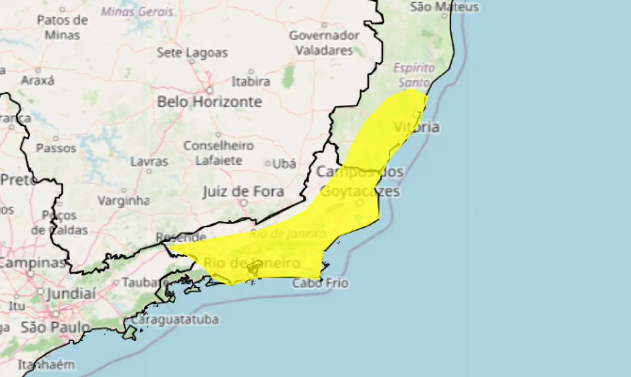 O mapa mostra as &aacute;reas em alerta para chuva intensa e ventos fortes